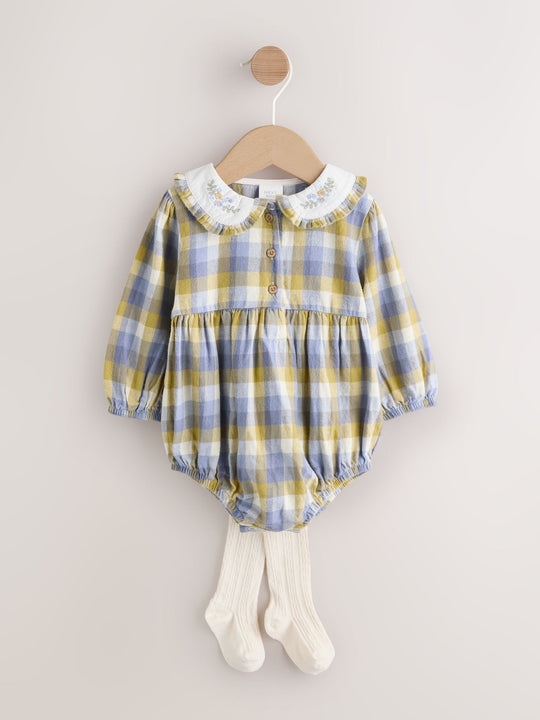 Green/Yellow Gingham Baby Bloomer Rompers Set 2 Piece with Tights (0mths-3yrs)