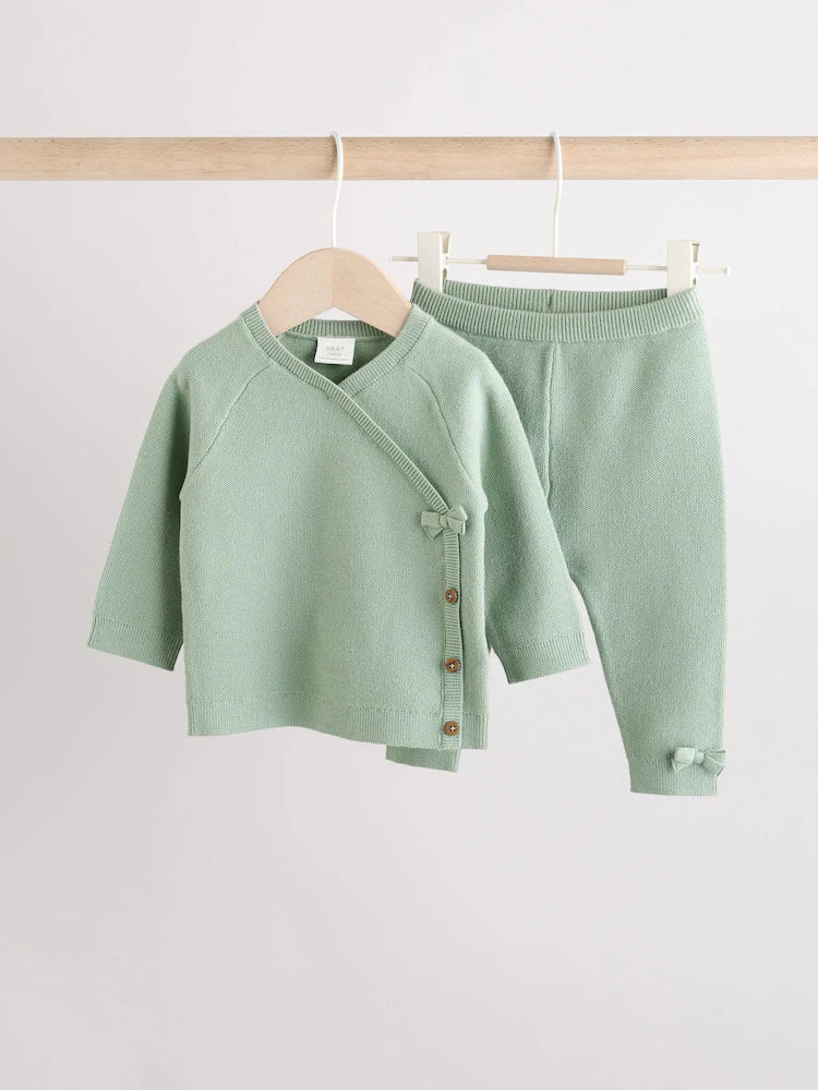 Sage Green Baby Knitted Wrap Jumper and Leggings 2 Piece Set (0mths-2yrs)