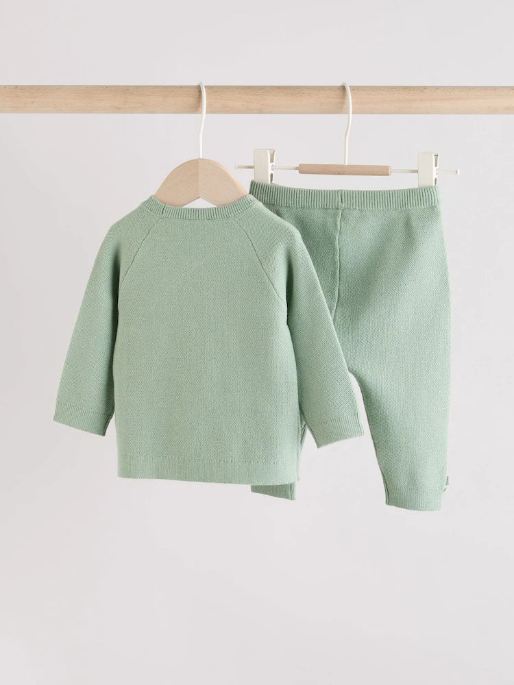 Sage Green Baby Knitted Wrap Jumper and Leggings 2 Piece Set (0mths-2yrs)