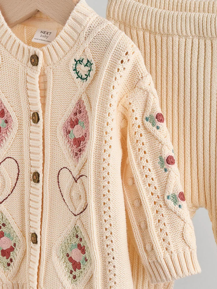 Cream Embroidered Baby Knitted Cardigan and Leggings 2 Piece Set (0mths-3yrs)