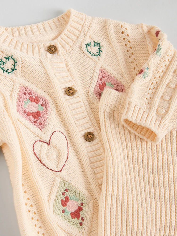 Cream Embroidered Baby Knitted Cardigan and Leggings 2 Piece Set (0mths-3yrs)