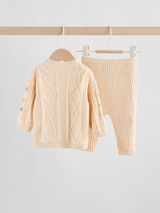 Cream Embroidered Baby Knitted Cardigan and Leggings 2 Piece Set (0mths-3yrs)