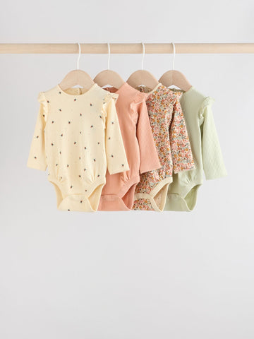 Blue/Cream/Coral Ditsy Baby Long Sleeve Frill Bodysuits 4 Pack (0mths-2yrs)