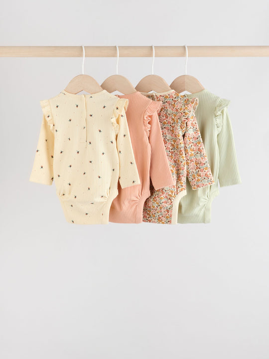 Blue/Cream/Coral Ditsy Baby Long Sleeve Frill Bodysuits 4 Pack (0mths-2yrs)