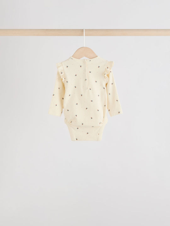 Blue/Cream/Coral Ditsy Baby Long Sleeve Frill Bodysuits 4 Pack (0mths-2yrs)