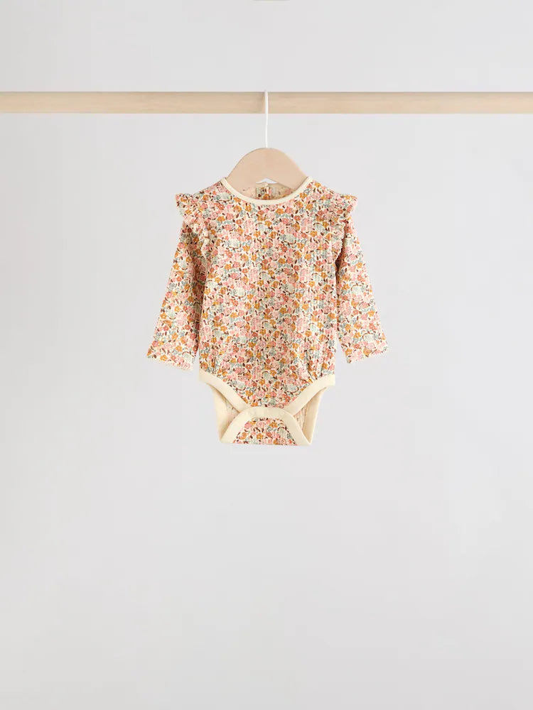 Blue/Cream/Coral Ditsy Baby Long Sleeve Frill Bodysuits 4 Pack (0mths-2yrs)