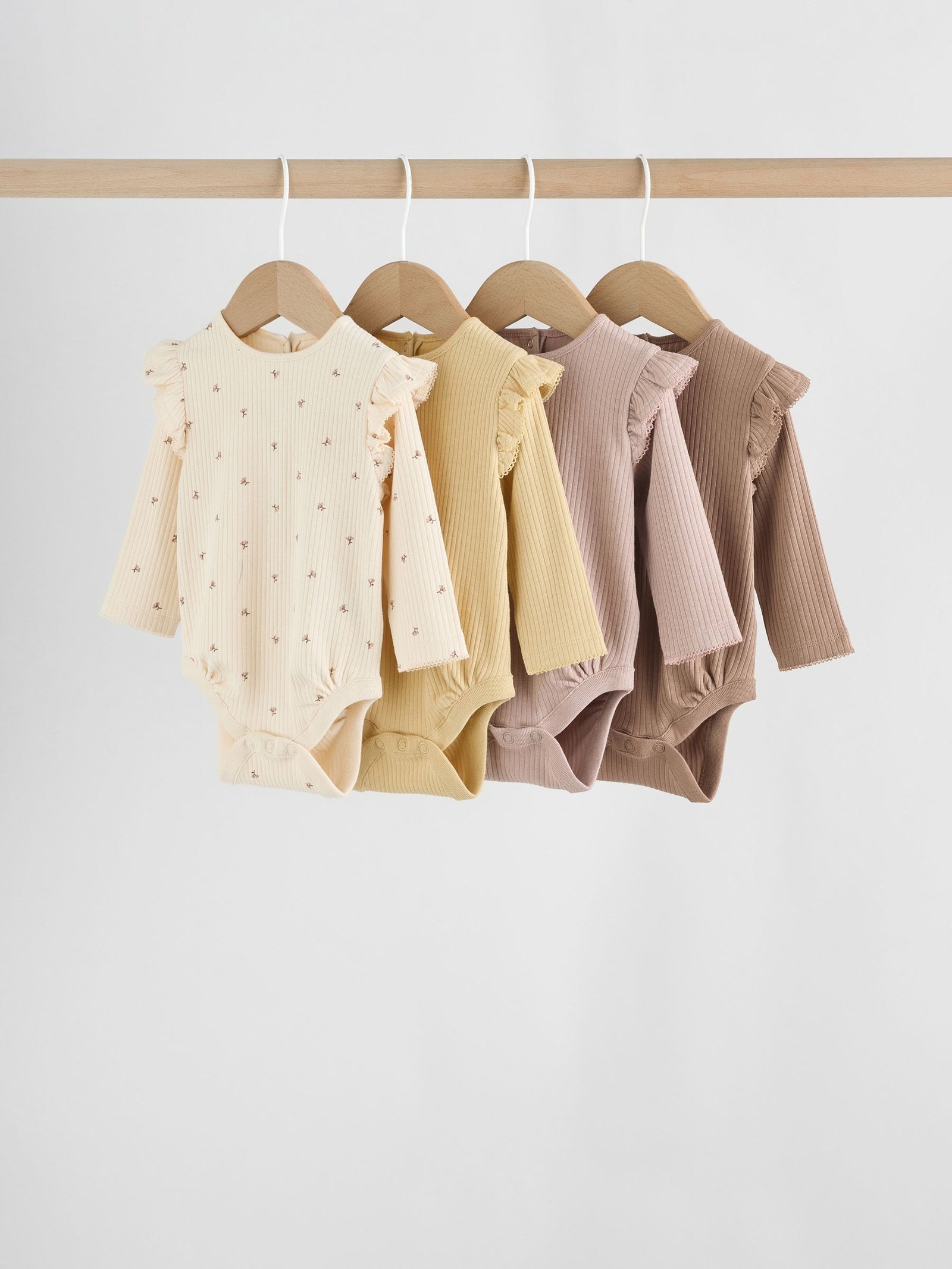 Purple/Yellow/Cream Ditsy Baby Long Sleeve Frill Bodysuits 4 Pack (0mths-2yrs)