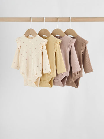 Purple/Yellow/Cream Ditsy Baby Long Sleeve Frill Bodysuits 4 Pack (0mths-2yrs)