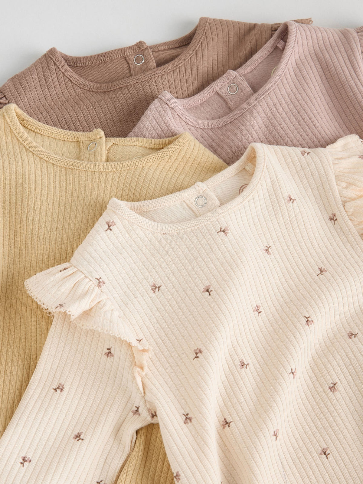Purple/Yellow/Cream Ditsy Baby Long Sleeve Frill Bodysuits 4 Pack (0mths-2yrs)