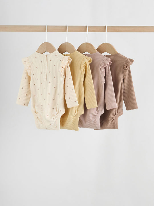Purple/Yellow/Cream Ditsy Baby Long Sleeve Frill Bodysuits 4 Pack (0mths-2yrs)