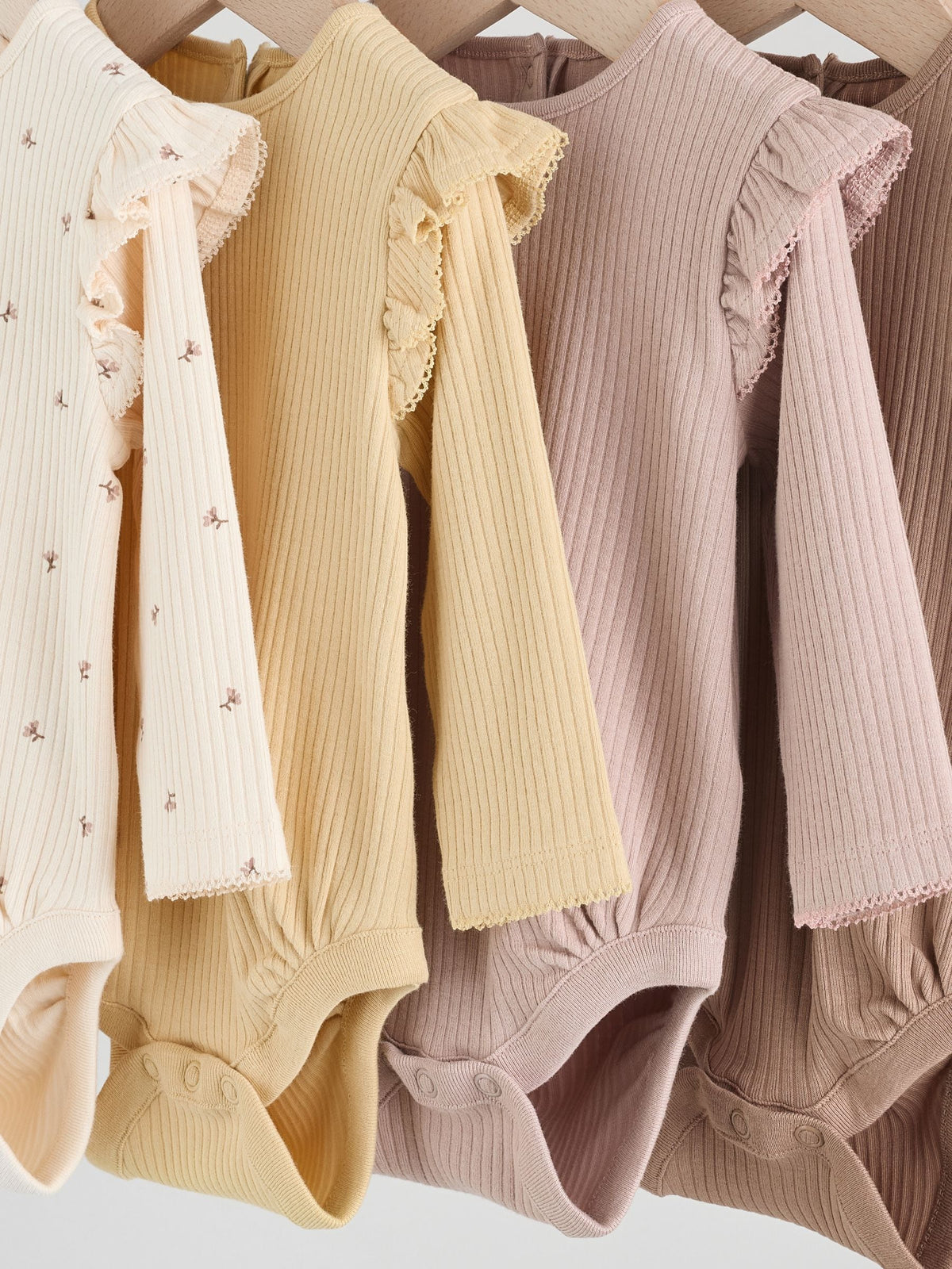 Purple/Yellow/Cream Ditsy Baby Long Sleeve Frill Bodysuits 4 Pack (0mths-2yrs)