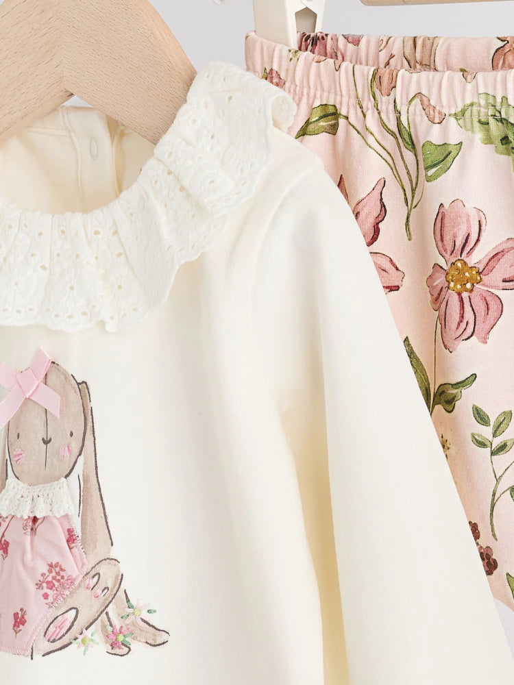 White/Pink/Bunny/Floral Baby Long Sleeve Top and Leggings Set (0mths-2yrs)