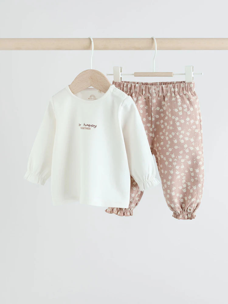 White/Brown Baby Long Sleeve Top and Trousers Set 2 Piece (0mths-2yrs)