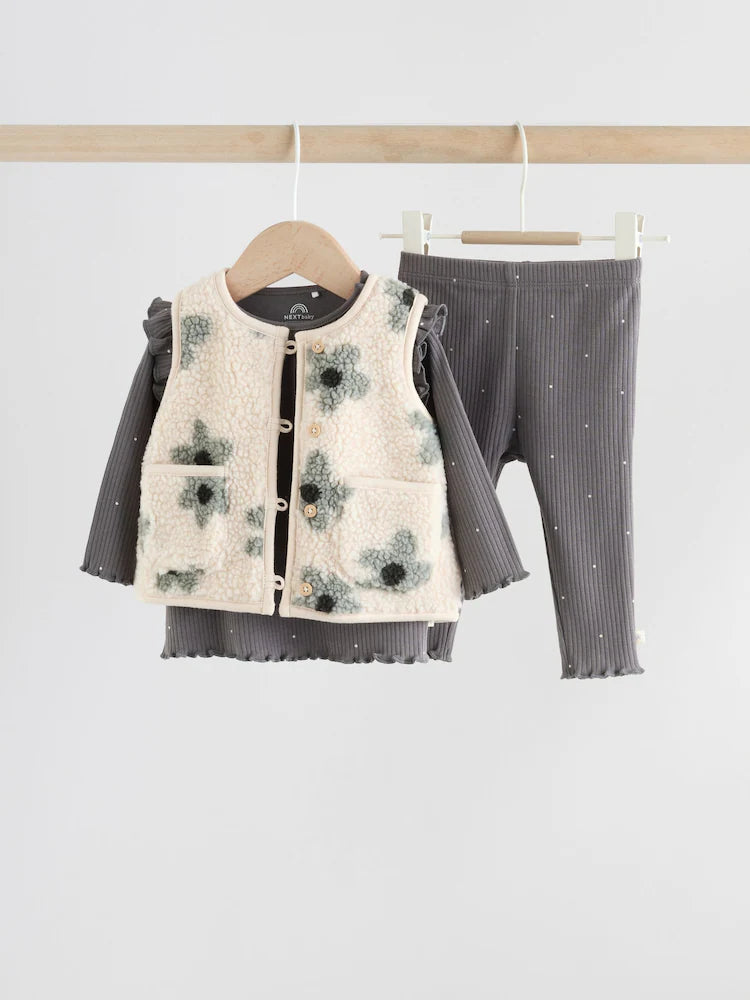 Grey Floral Baby Long Sleeve Top and Leggings with Gilet Set 3 Piece (0mths-2yrs)