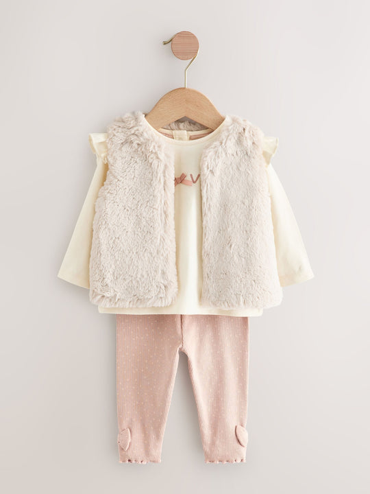 Pink/Cream Baby Fur Gilet, Top and Leggings 3 Piece Set (0mths-2yrs)