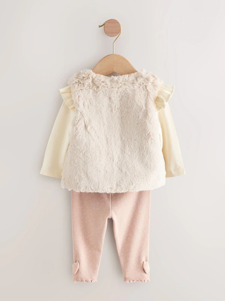 Pink/Cream Baby Fur Gilet, Top and Leggings 3 Piece Set (0mths-2yrs)