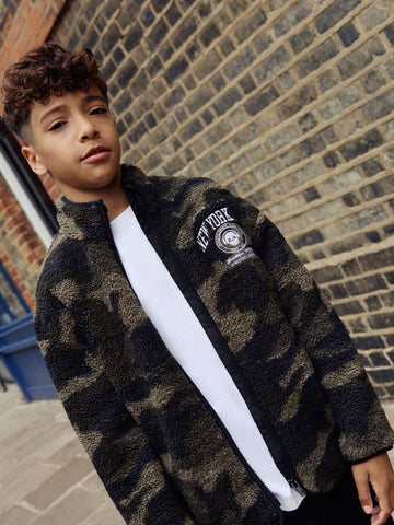 Khaki Borg Fleece Camo Bomber Shacket (3-16yrs)
