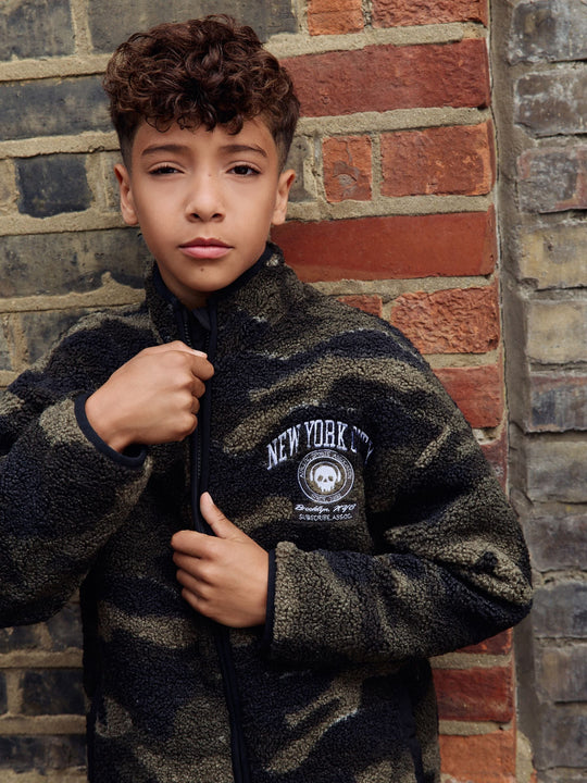 Khaki Borg Fleece Camo Bomber Shacket (3-16yrs)