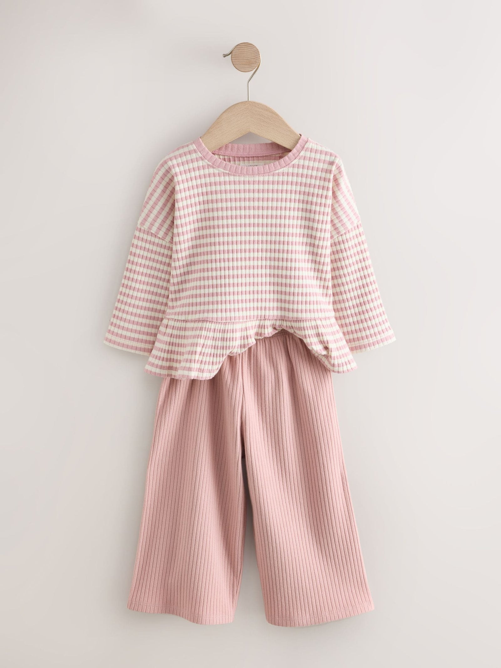 Pink Ribbed Long Sleeve Top and Wide Leg Trousers Set (3mths-7yrs)