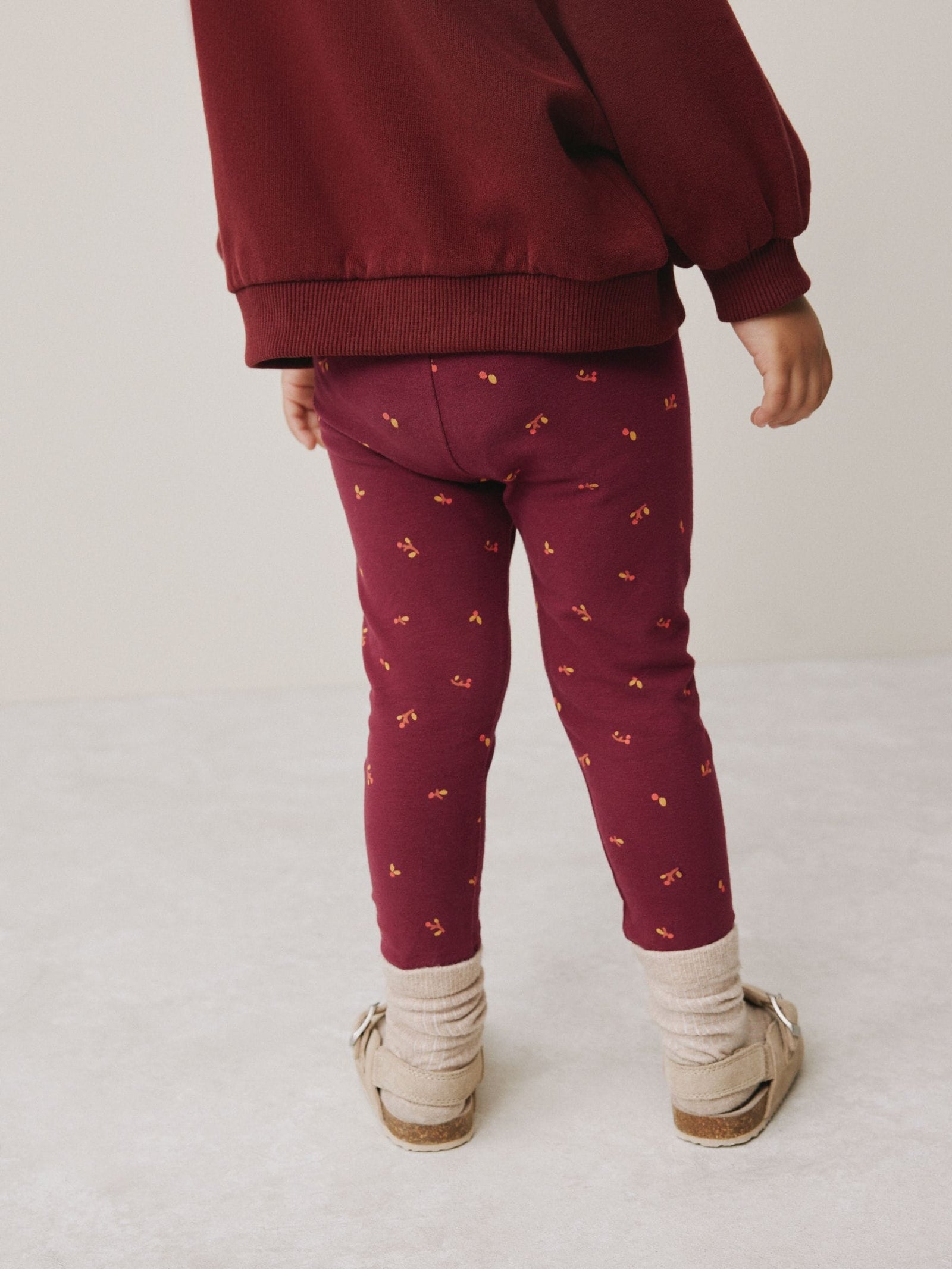 Burgundy Red Ditsy Floral Plain Leggings (3mths-7yrs)