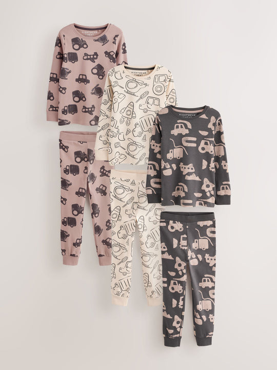Brown/Cream Transport Mini Snuggle Pyjamas 3 Pack (9mths-10yrs)