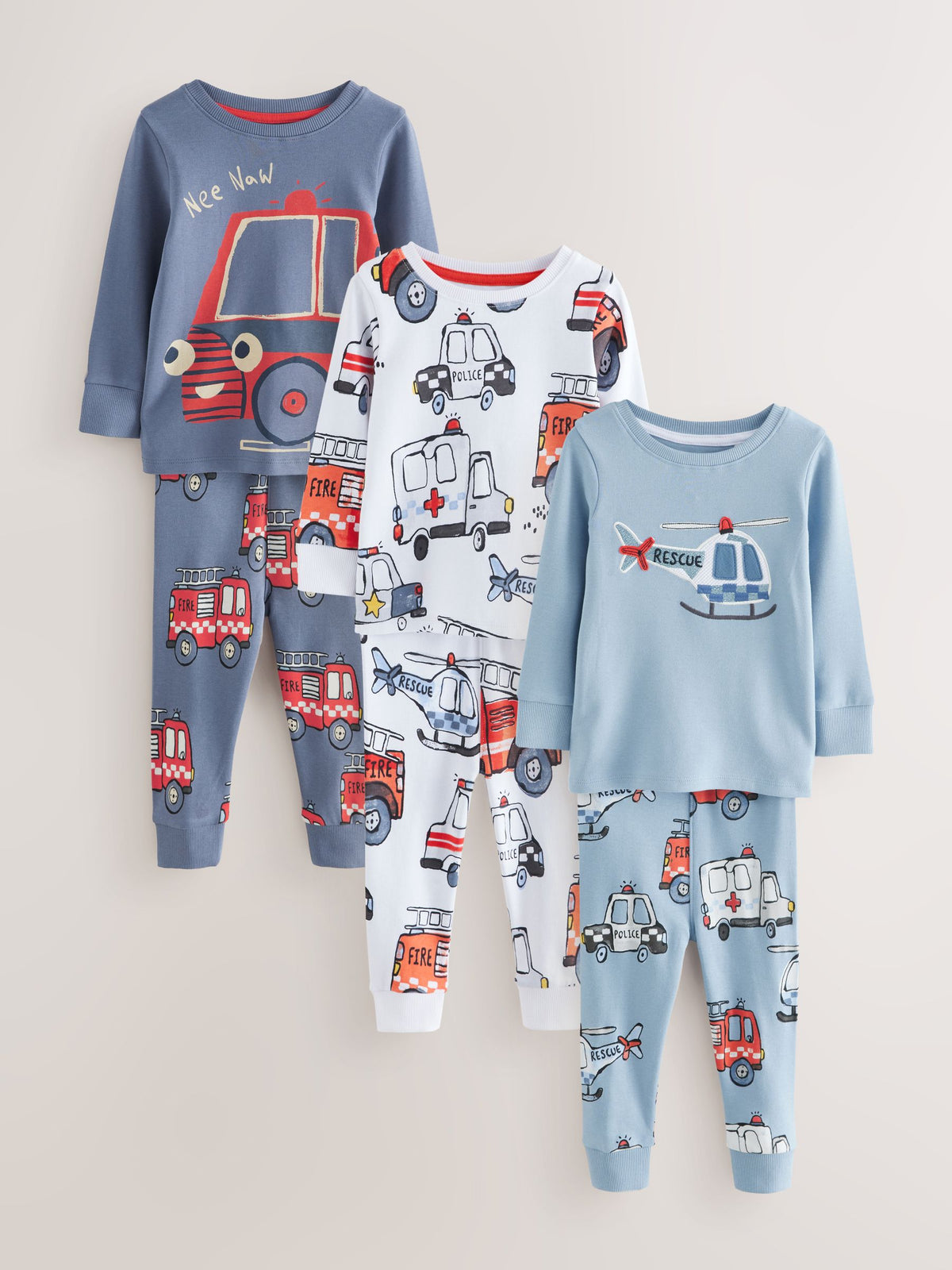 Red/Blue Emergency Vehicle Snuggle Pyjamas 3 Pack (9mths-10yrs)