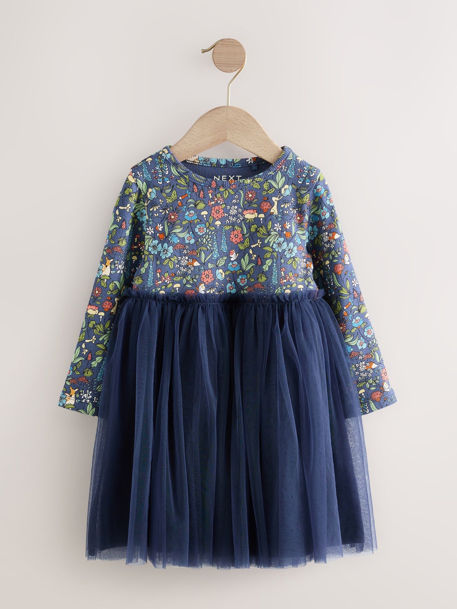 Navy Floral Long Sleeve Mesh Party Dress (3mths-7yrs)