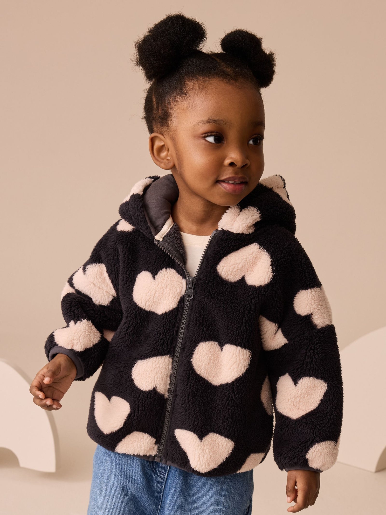 Black Heart Print Zip Through Fleece Jacket