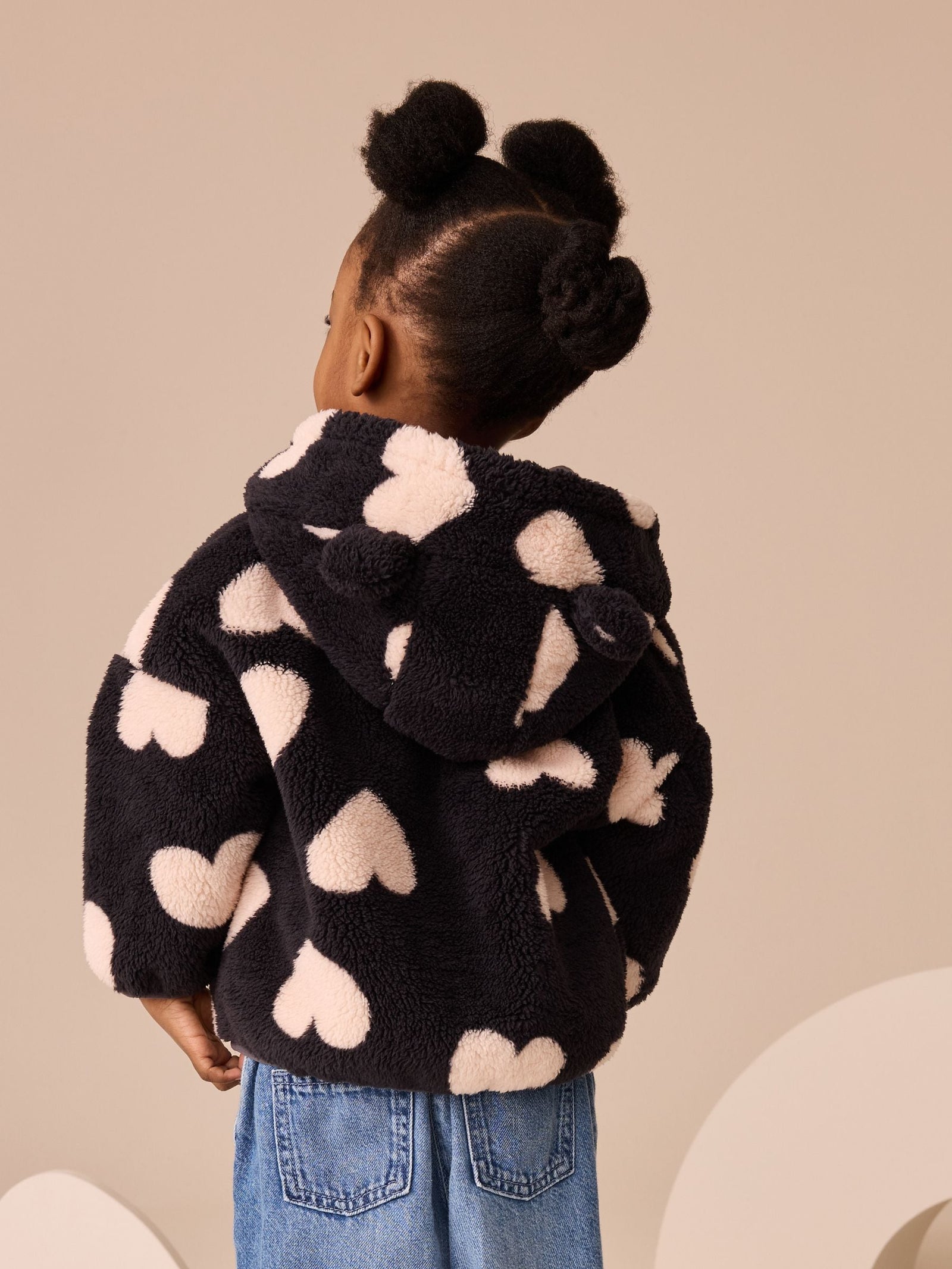 Black Heart Print Zip Through Fleece Jacket