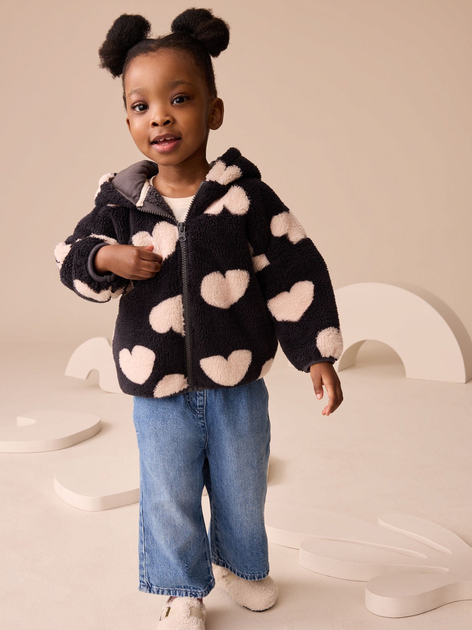 Black Heart Print Zip Through Fleece Jacket