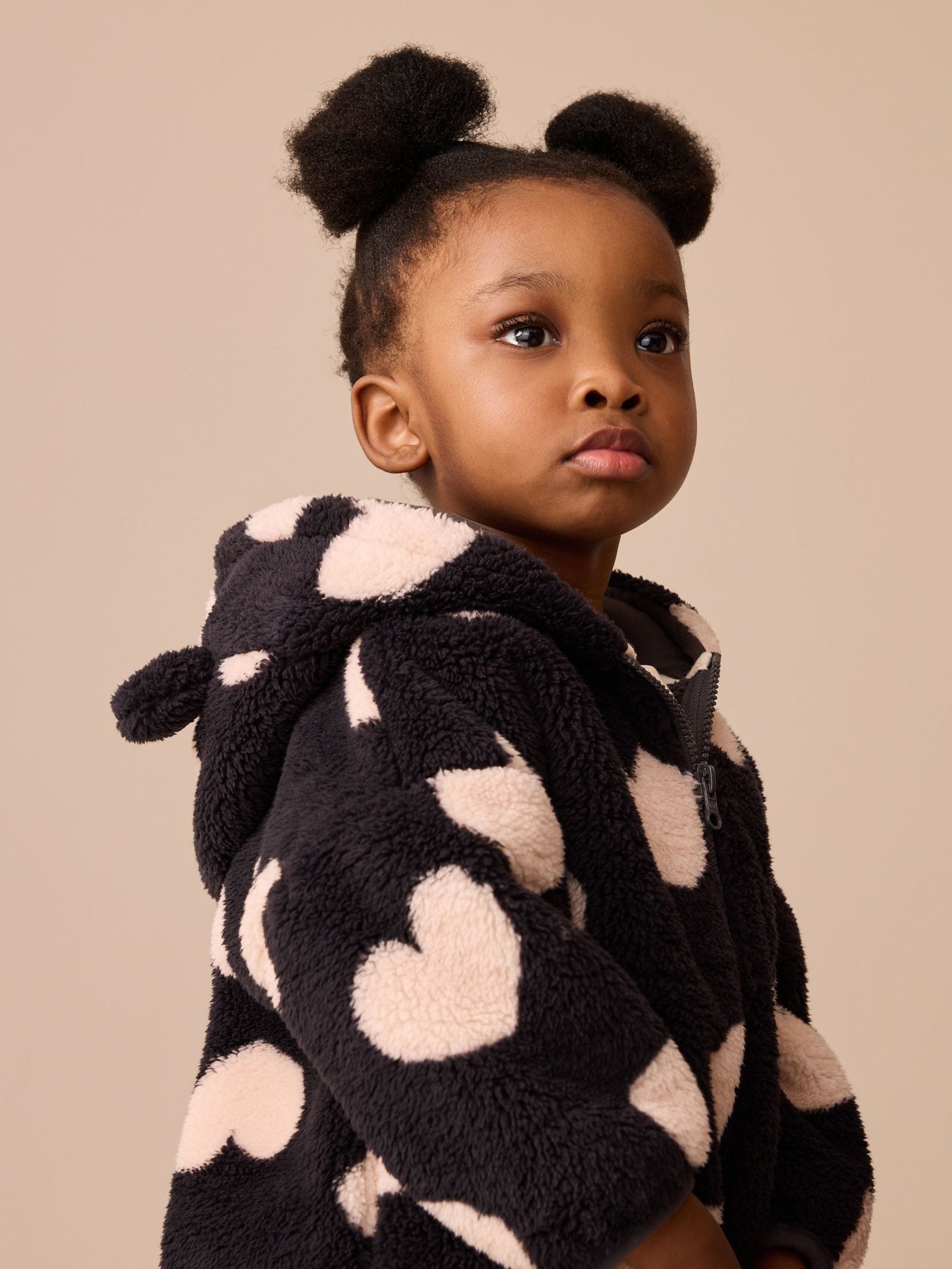 Black Heart Print Zip Through Fleece Jacket