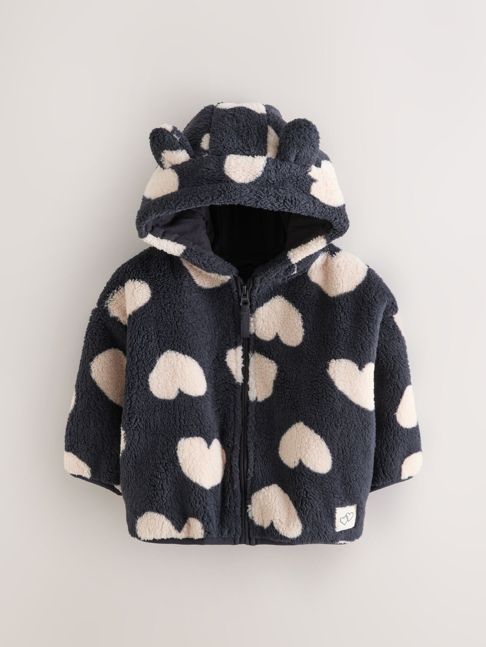 Black Heart Print Zip Through Fleece Jacket