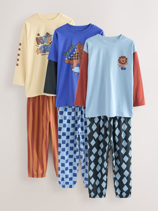 Blue/Brown Dinosaur Oversized Pyjamas 3 Pack (9mths-10yrs)