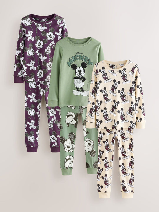 Green/Ecru Mickey Mouse Snuggle Pyjamas 3 Pack (9mths-10yrs)