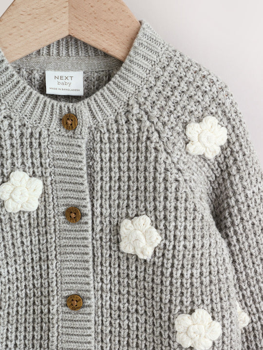Grey Crochet Flowers Baby Knitted Cardigan (0mths-3yrs)