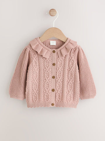 Pink Frill Collar Knitted Baby Cardigan (0mths-2yrs)