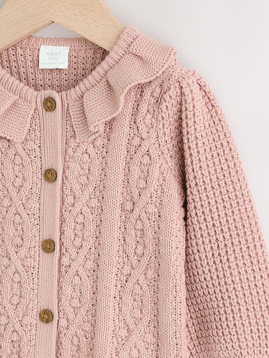 Pink Frill Collar Knitted Baby Cardigan (0mths-2yrs)