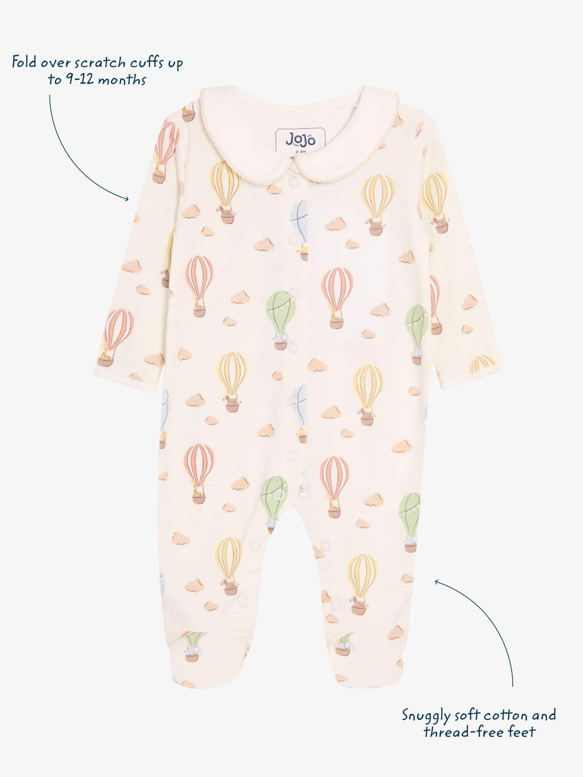 JoJo Maman Bébé Cream Hot Air Balloon Print Cotton Collared Footed Sleepsuit