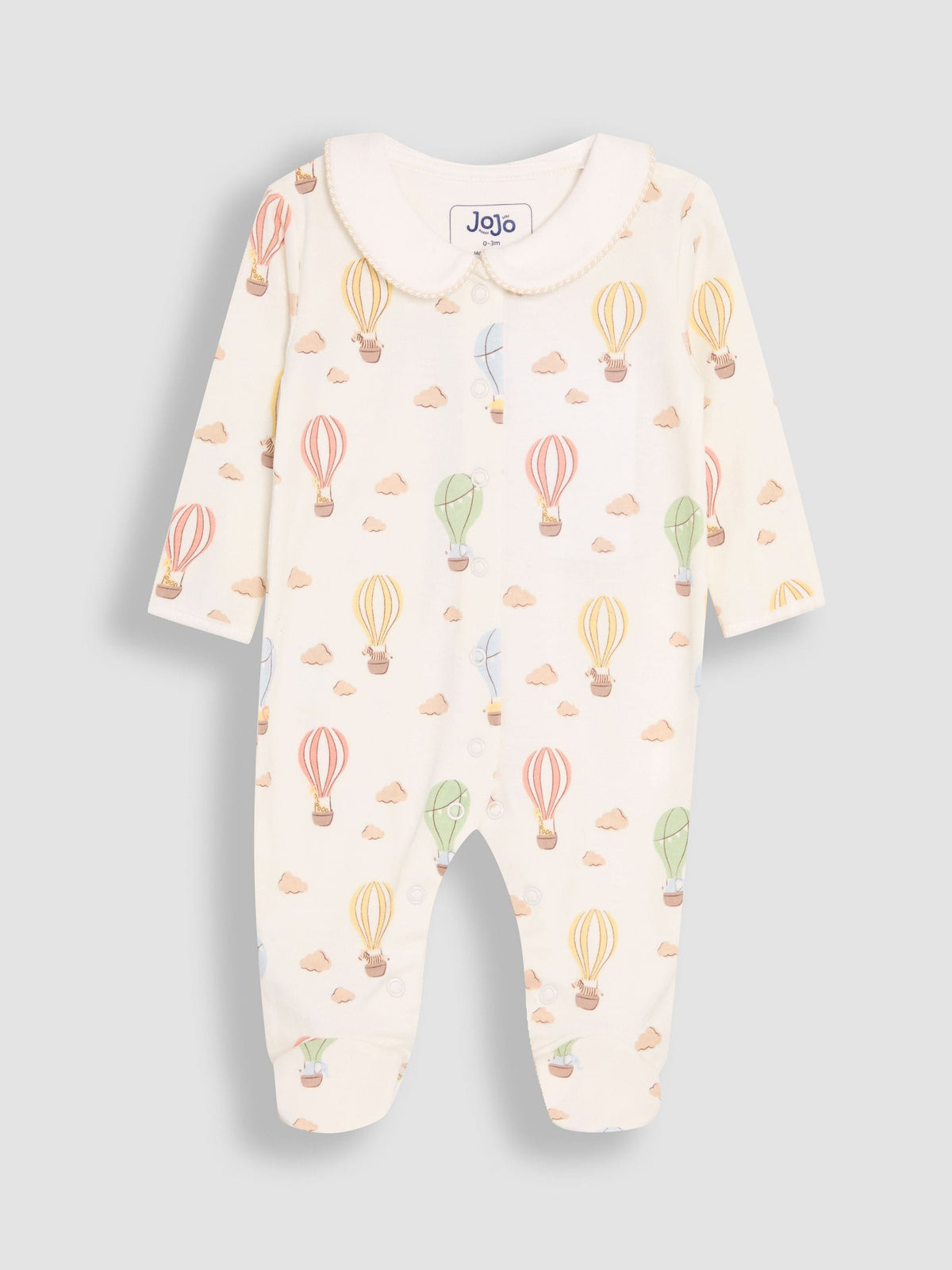 JoJo Maman Bébé Cream Hot Air Balloon Print Cotton Collared Footed Sleepsuit