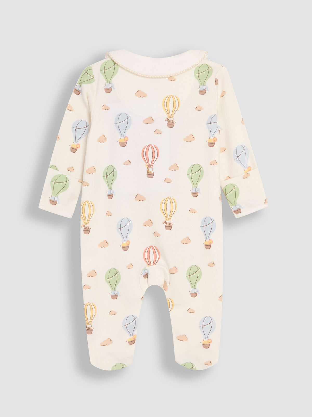 JoJo Maman Bébé Cream Hot Air Balloon Print Cotton Collared Footed Sleepsuit