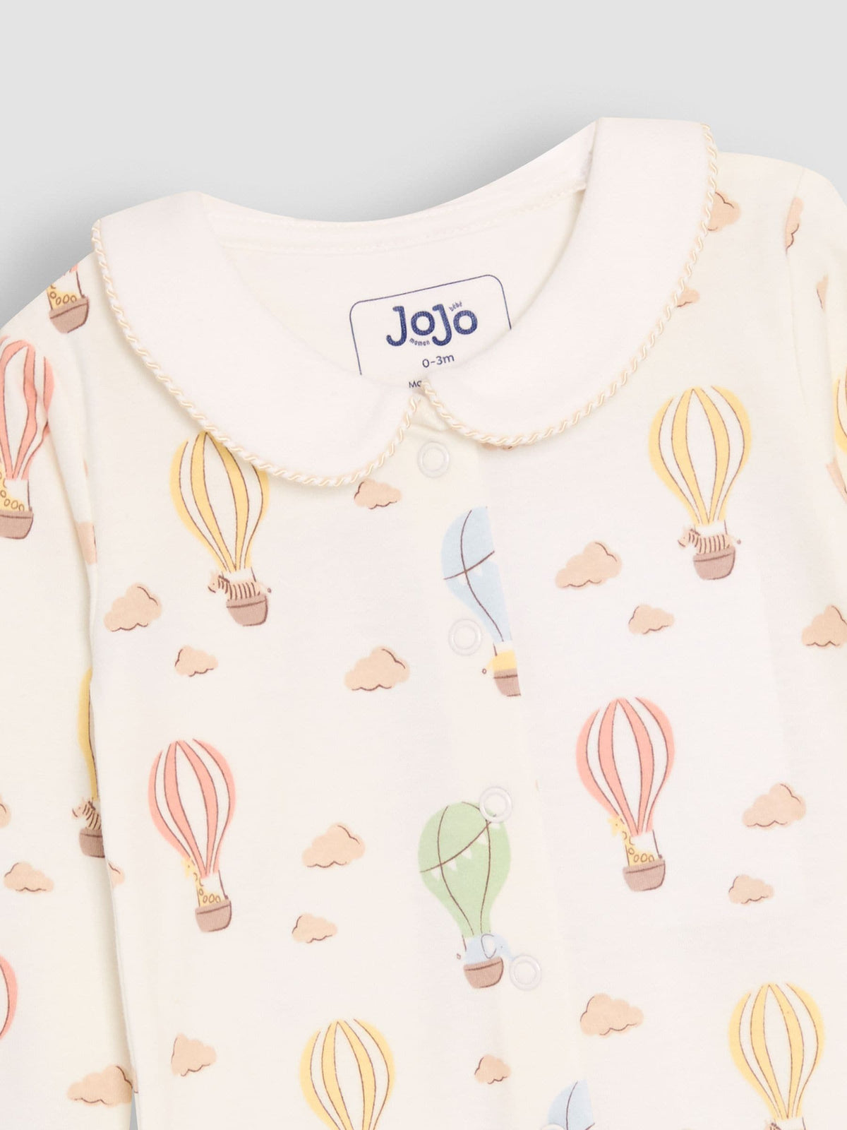 JoJo Maman Bébé Cream Hot Air Balloon Print Cotton Collared Footed Sleepsuit