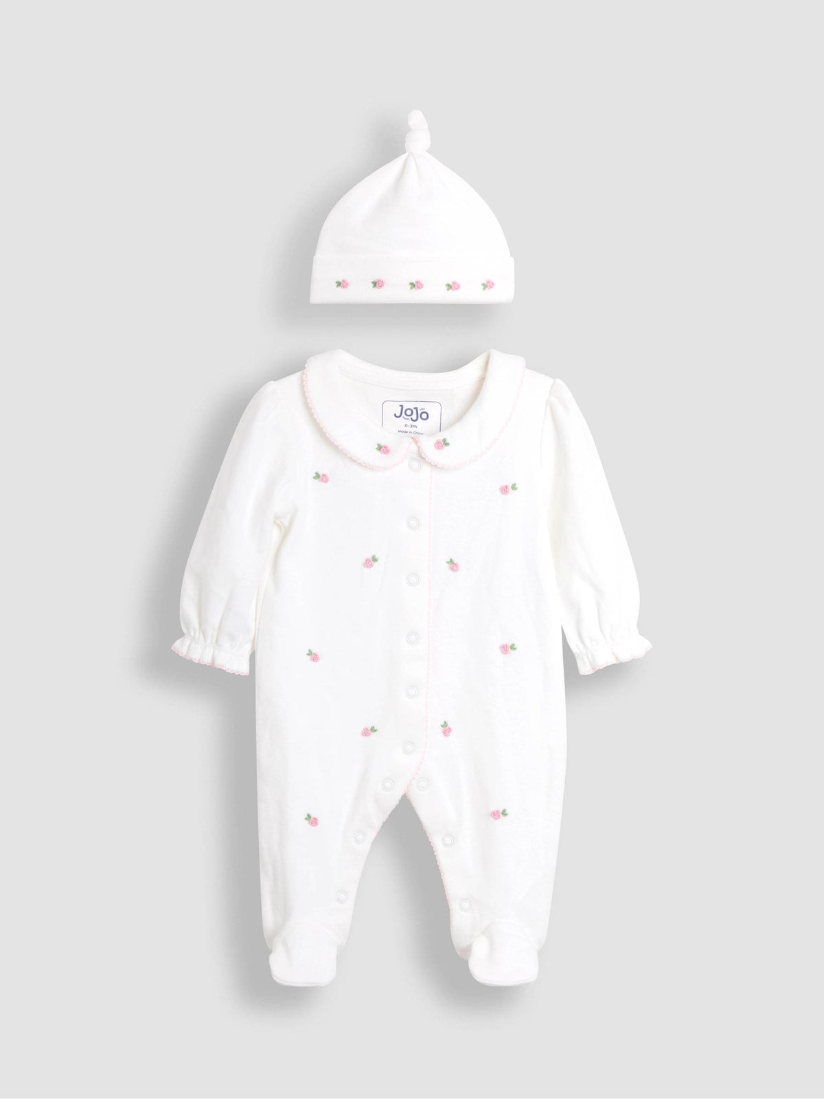 JoJo Maman Bébé Cream Cotton Collared 2-Piece Embroidered Sleepsuit and Hat Set