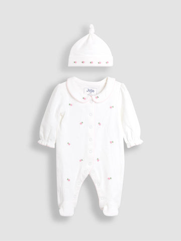 JoJo Maman Bébé Cream Cotton Collared 2-Piece Embroidered Sleepsuit and Hat Set