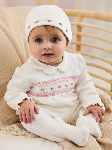 JoJo Maman Bébé Cream Cotton 2-Piece Smocked Sleepsuit and Hat Set