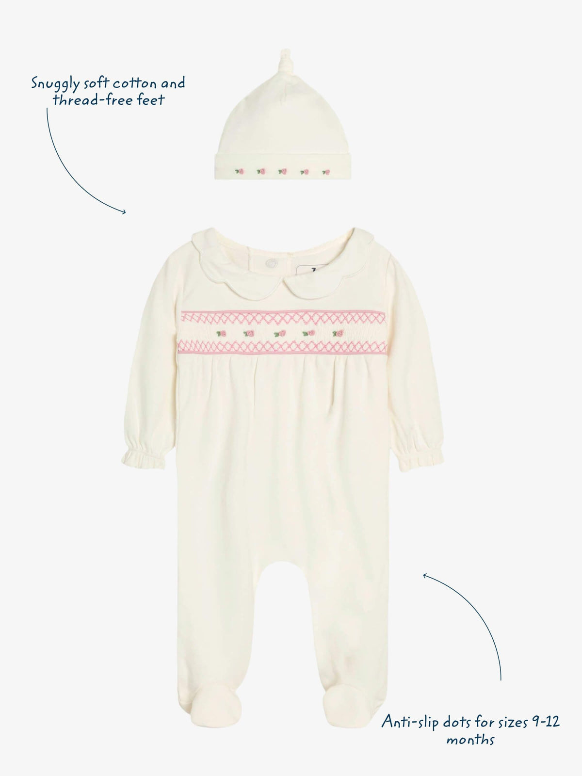 JoJo Maman Bébé Cream Cotton 2-Piece Smocked Sleepsuit and Hat Set