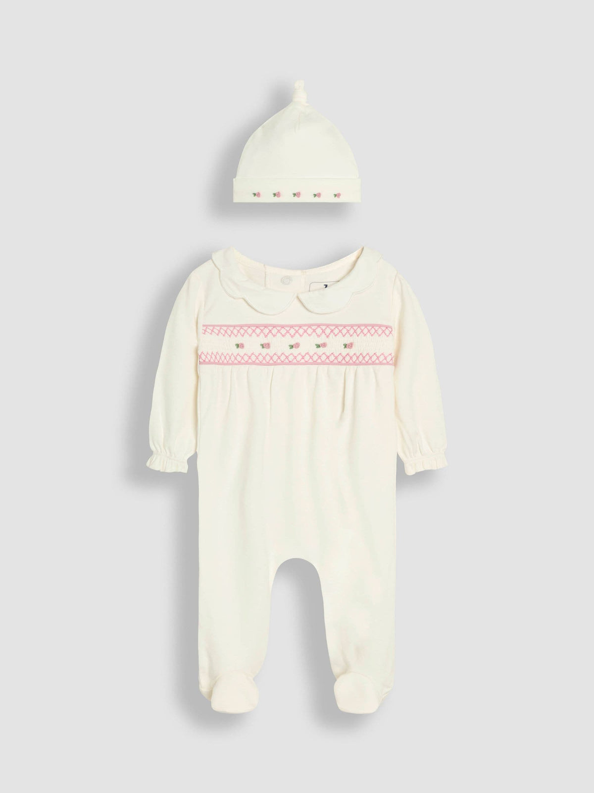 JoJo Maman Bébé Cream Cotton 2-Piece Smocked Sleepsuit and Hat Set