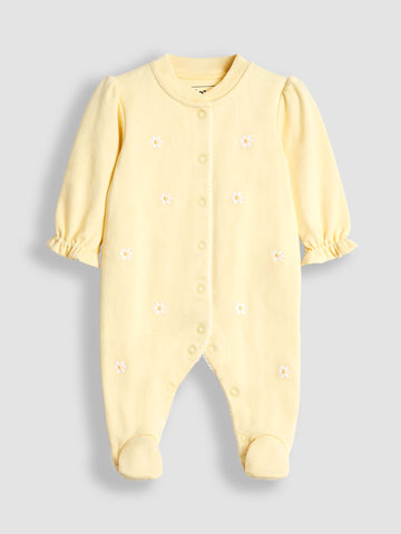 JoJo Maman Bébé Yellow 100% Cotton Popper Footed Embroidered Sleepsuit
