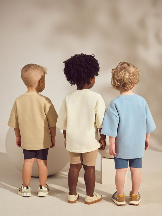 Multi Neutral Short Sleeve Textured T-Shirts & Cycling Shorts 3 Pack (3mths-7yrs)