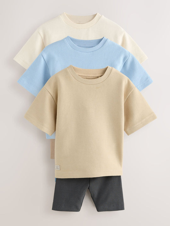 Multi Neutral Short Sleeve Textured T-Shirts & Cycling Shorts 3 Pack (3mths-7yrs)