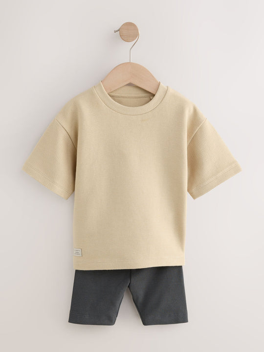 Multi Neutral Short Sleeve Textured T-Shirts & Cycling Shorts 3 Pack (3mths-7yrs)